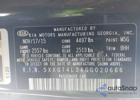 2016 Kia Optima Lx from USA, damaged, VIN 5XXGT4L34GG020666